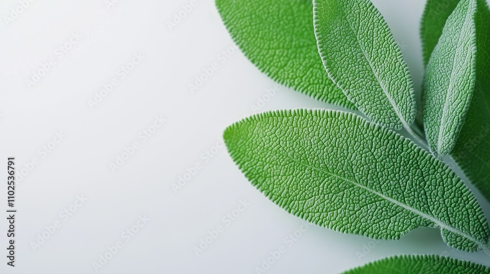 Obraz premium Close-up of sage leaves, vivid green color, slightly dewy texture, isolated on crisp white, perfect for health and wellness ads