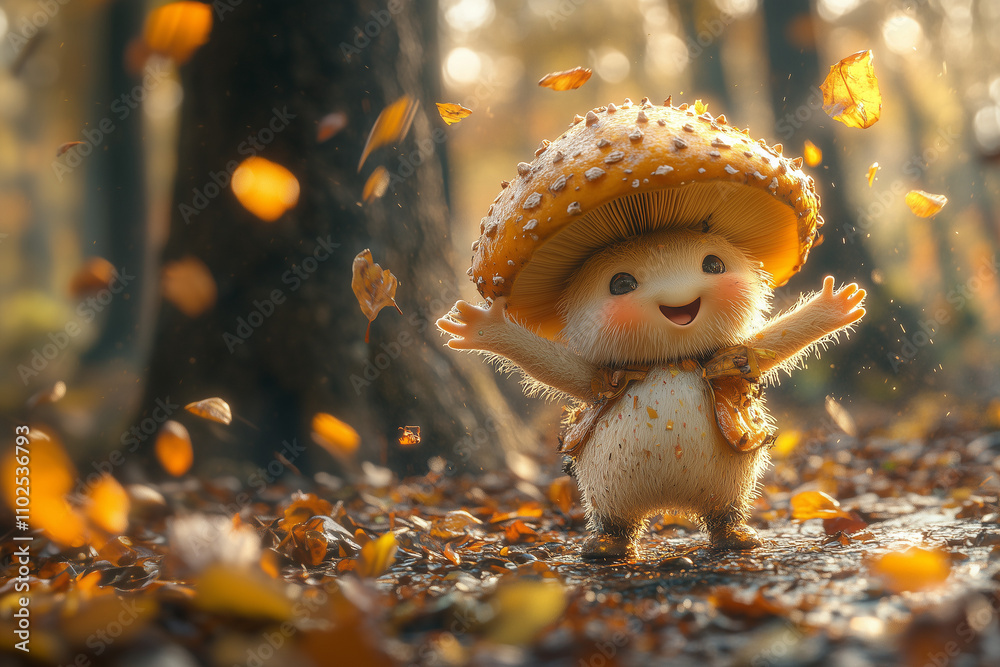 Obraz premium Whimsical mushroom character joyfully embracing autumn leaves in enchanted forest