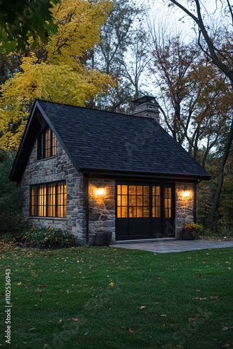 A small, stone and black shingle cottage with large windows sits on a grassy hillside in the woods at night. Autumn trees surround the house, and warm light emanates from within.