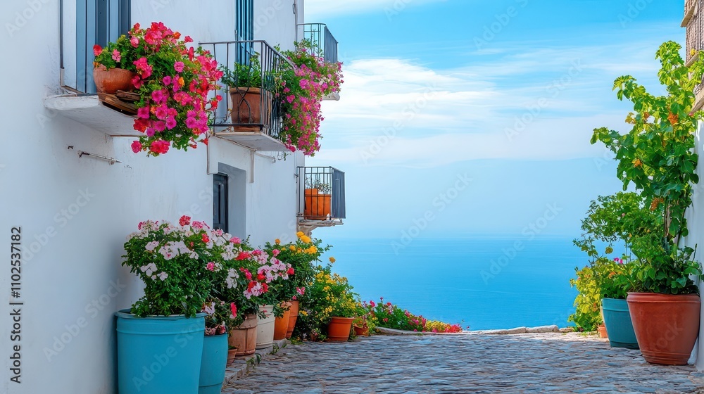 Naklejka premium A charming cobblestone street in a small Mediterranean village with flower pots and balconies