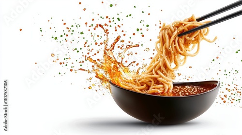 Noodles in Korean black bean sauce, twirling in mid-air with sauce splashes, deep and intense colors, traditional and delicious photo