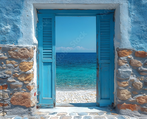 A blue door opening to the sea with clear water and a sandy beach in Greece