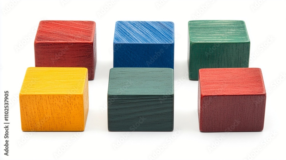Colorful wooden building blocks arranged in two rows, showcasing vibrant hues of red, blue, green, yellow, and teal against a white background. Colorful wooden building blocks arranged in two rows, showcasing vibrant hues of red, blue, green, yellow, and teal against a white background.