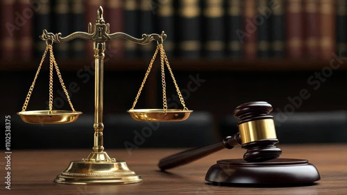 Golden scales of justice balanced beside a gavel and legal books in a law office library 4K Video