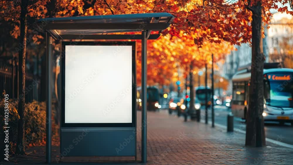 bus shelter at busstop blank white lightbox empty billboard bus shelter ad glass and aluminum structure transit station urban setting city street background stone sidewalk base for mockup 4K Video
