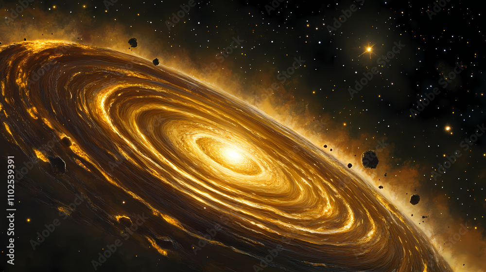 A swirling cosmic disk surrounds a bright star, illuminated by glowing gases, set against a starry backdrop, depicting the formation of celestial bodies. Celestial. Illustration A swirling cosmic disk surrounds a bright star, illuminated by glowing gases, set against a starry backdrop, depicting the formation of celestial bodies. Celestial. Illustration