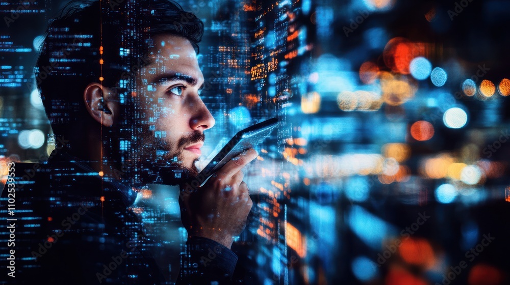 A thoughtful individual using a smartphone amidst a digital backdrop. A thoughtful individual using a smartphone amidst a digital backdrop.