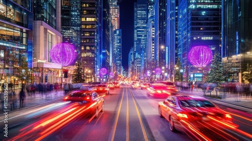 A vibrant city street at night with light trails from cars and decorative purple spheres.