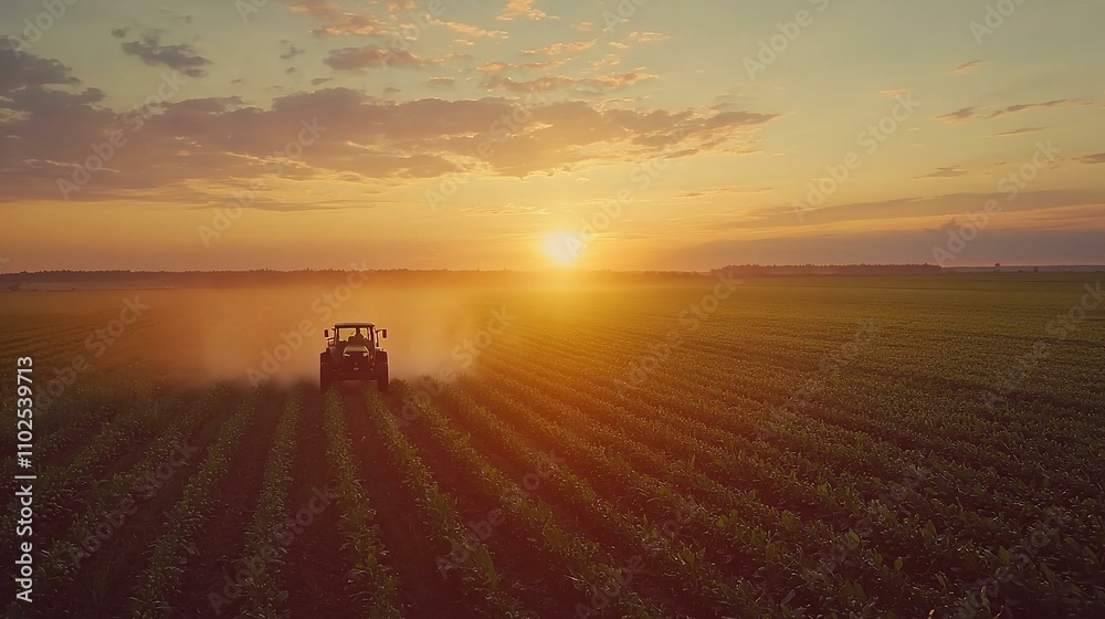 Tractor spraying pesticides at soy bean field. Tractor spraying pesticides at soy bean field.