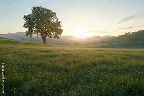 Peaceful Sunrise Over a Lush Green Meadow Landscape