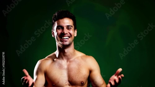 An excited man celebrating with raised arms, a broad smile, and a triumphant expression, against a vibrant green background.