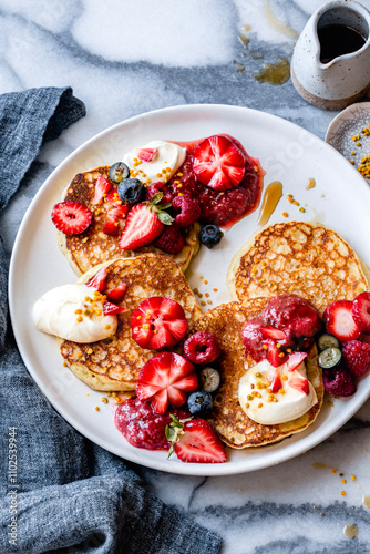 Lemon ricotta pancakes with fruit photo