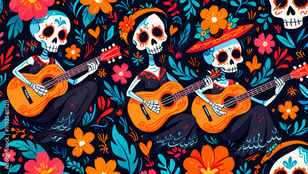 Fototapeta premium illustration of skull pattern with guitar
