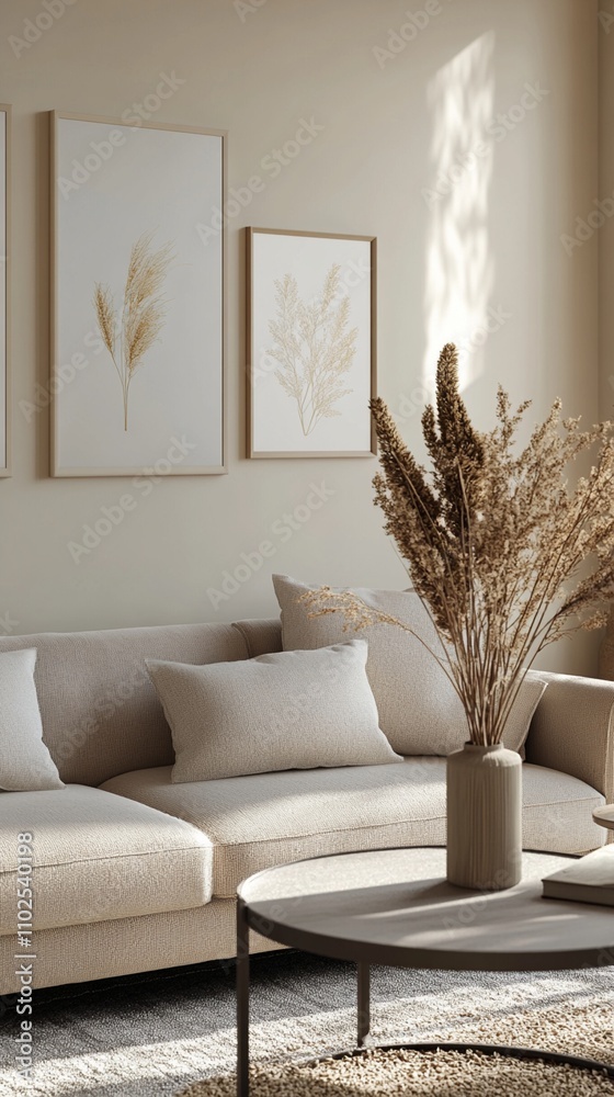 Serene living room with neutral tones, featuring a comfortable beige sofa, minimalist wall art, and a vase of dried pampas grass, creating a calm and inviting atmosphere. Serene living room with neutral tones, featuring a comfortable beige sofa, minimalist wall art, and a vase of dried pampas grass, creating a calm and inviting atmosphere.