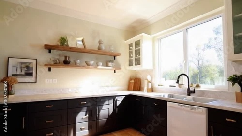 A beautifully decorated kitchen bathed in sunlight, with a smooth video capturing the warm and inviting atmosphere.