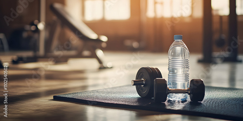 Pesos de academia e uma garrafa de água sobre um tapete de treino