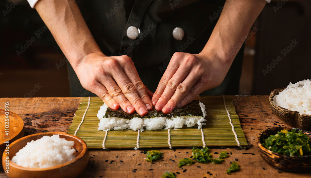 Close up of hands preparing Japanese onigiri. Ingridients on the wooden table. comercial food concept Close up of hands preparing Japanese onigiri. Ingridients on the wooden table. comercial food concept