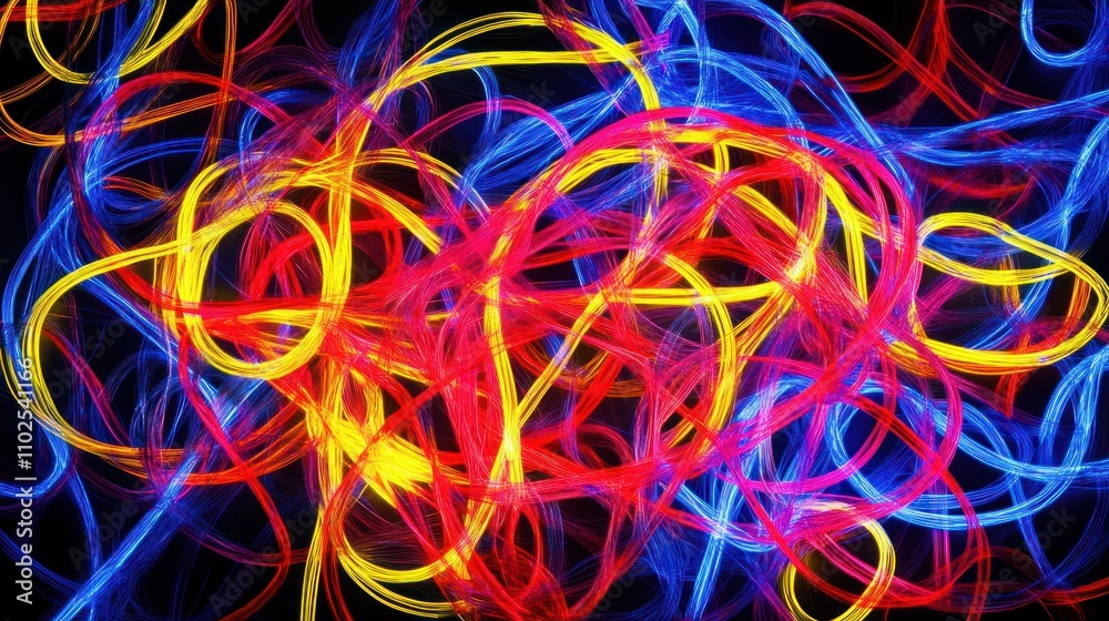 Abstract colorful lines intertwining on a dark background, creating a dynamic visual effect. Abstract colorful lines intertwining on a dark background, creating a dynamic visual effect.
