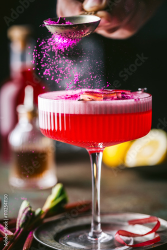 An action shot of bright pink berry powder being sprinkled on sophisticated alcoholic beverage, featuring a textured stemmed coupe cocktail glass with colorful red liquor with a foamy top