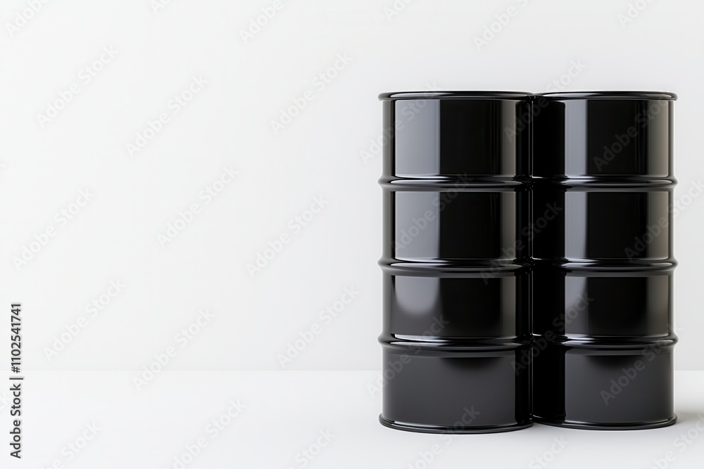 Petroleum and fuel consumption, Two black barrels stacked on a white background, symbolizing storage, industrial use, or hazardous materials.