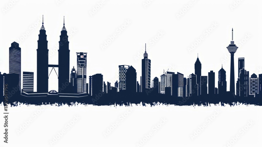 Obraz premium Kuala Lumpur skyline illustration with iconic Petronas Towers and KL Tower in blue silhouette on white background
