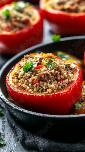 Vibrant red bell peppers stuffed with savory ground meat and rice mixture, garnished with fresh herbs, served in a rustic cast iron skillet for a comforting homemade meal. photo