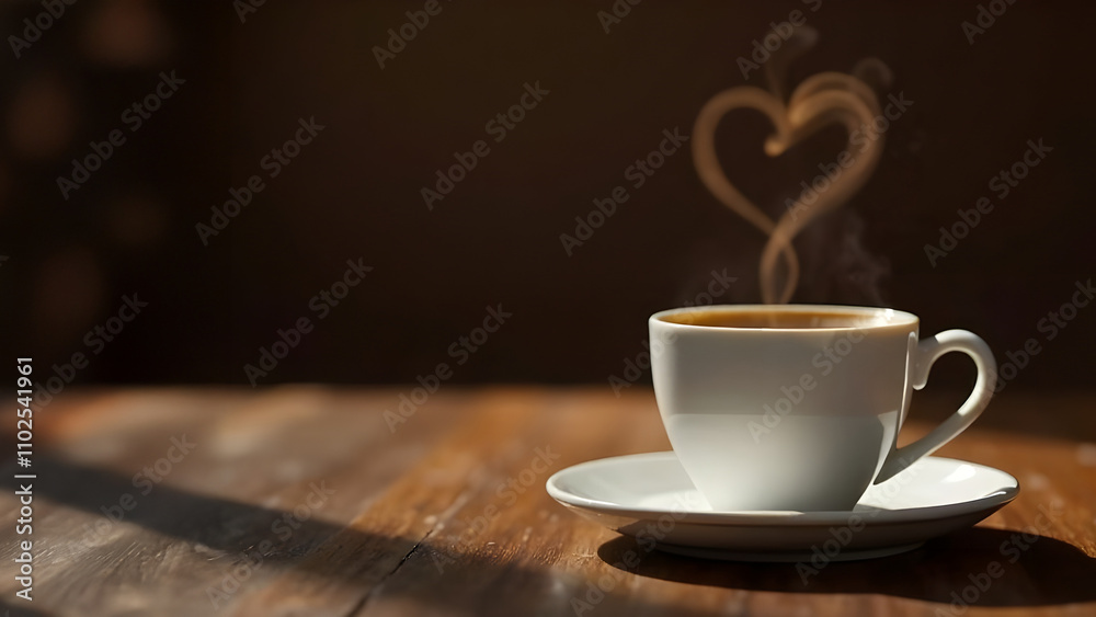 White coffee cup on a wooden table with heart-shaped steam. Warm beverage, coffee lovers, and Valentine's Day concept White coffee cup on a wooden table with heart-shaped steam. Warm beverage, coffee lovers, and Valentine's Day concept