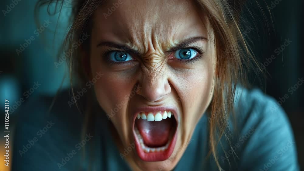 Furious angry woman with an enraged expression and grimace, anger and frustration showing teeth, evil negative emotions in a portrait of a crazy young female shouting in a studio setting 4K Video