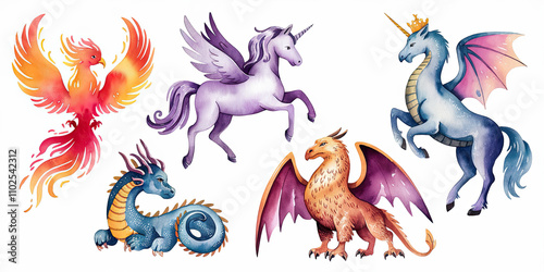 Watercolor illustration of five different mythical creatures photo