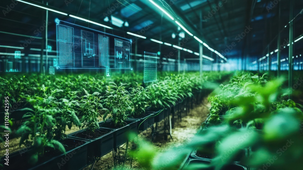 A modern greenhouse filled with vibrant plants under artificial lighting. A modern greenhouse filled with vibrant plants under artificial lighting.