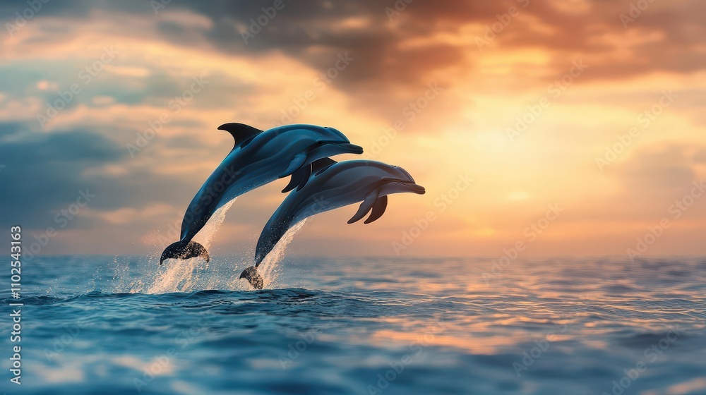 A pair of dolphins leaping above ocean waves at sunrise, glowing water reflections, surreal yet realistic, highdefinition photo style A pair of dolphins leaping above ocean waves at sunrise, glowing water reflections, surreal yet realistic, highdefinition photo style