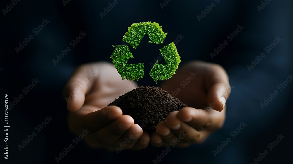 Hands Holding Soil with Foliage Recycling Symbol Hands Holding Soil with Foliage Recycling Symbol