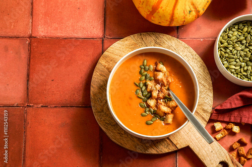 Pumpkin soup decorated with crutons and seeds photo