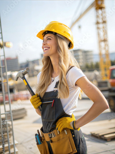 Obraz na płótnie Beautiful blonde female construction worker in yellow helmet holding hammer and smiling, people at work, professional w salonie