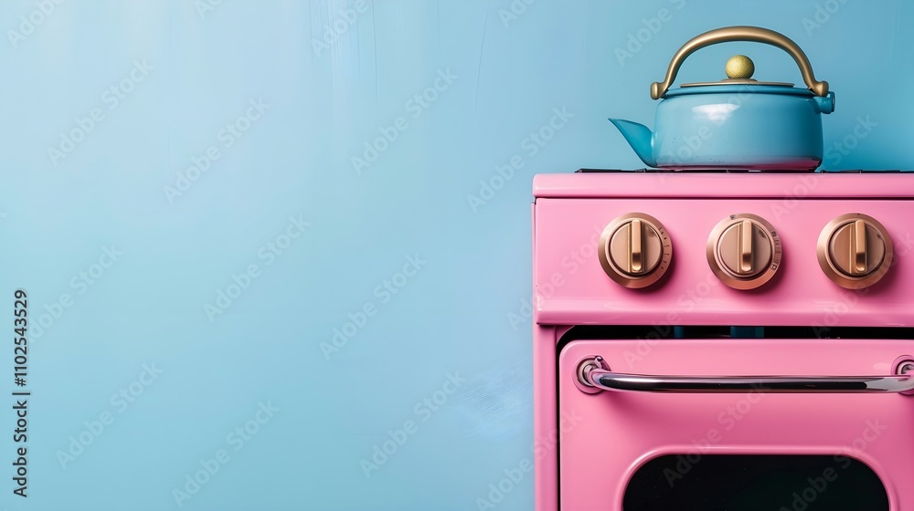 Pastel Pink Stove and Blue Kettle on Light Blue Background Pastel Pink Stove and Blue Kettle on Light Blue Background