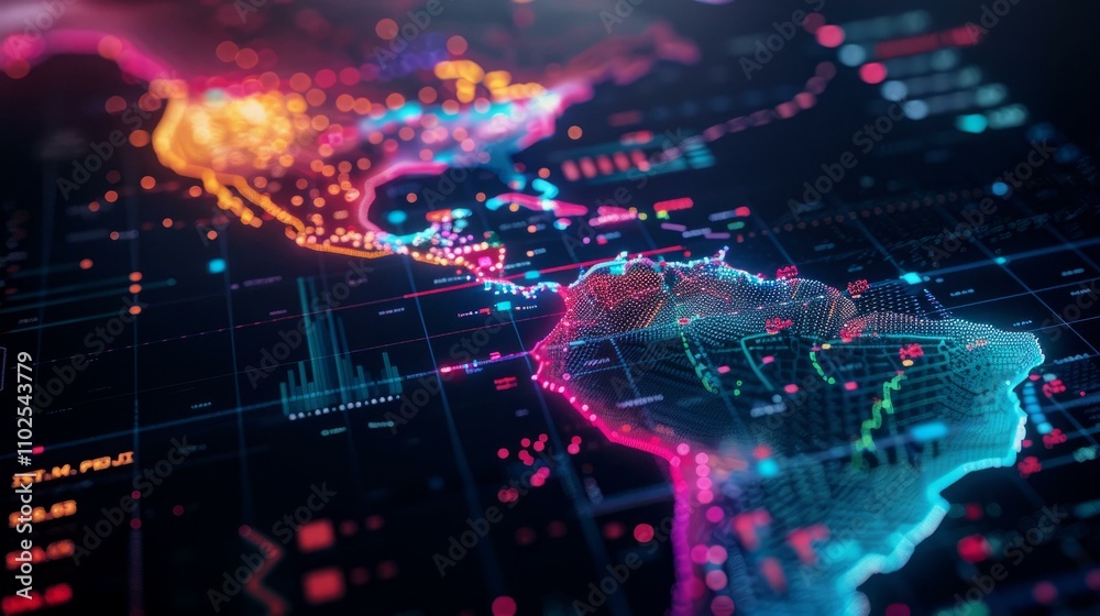 Futuristic digital world map with data visualization and glowing neon points in dark abstract design Futuristic digital world map with data visualization and glowing neon points in dark abstract design