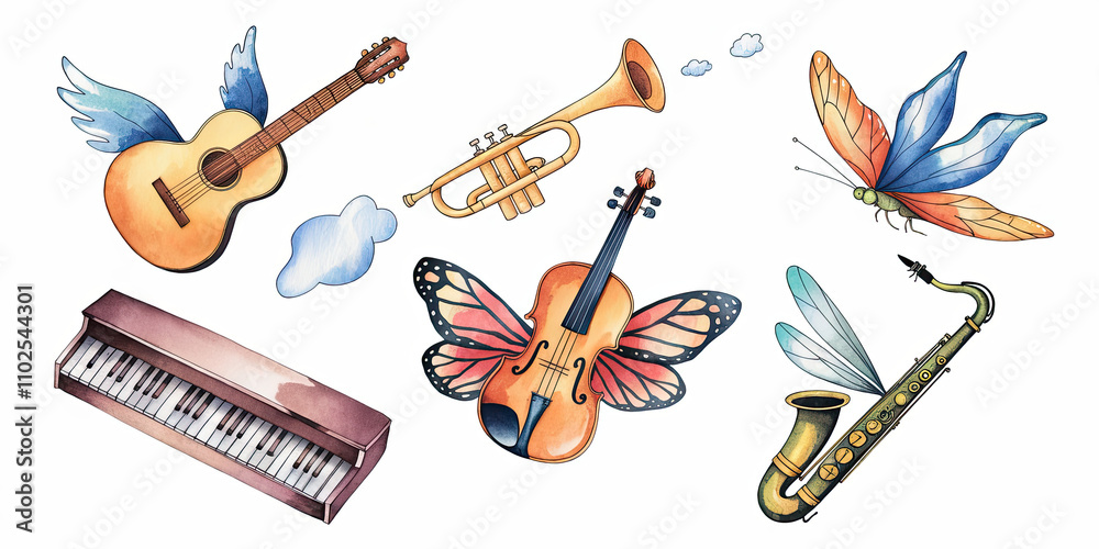 Naklejka premium Watercolor Illustration of Five Flying Musical Instruments