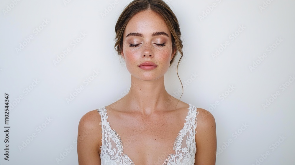 A serene bridal portrait featuring a woman with closed eyes, wearing an elegant lace wedding dress against a simple background. A serene bridal portrait featuring a woman with closed eyes, wearing an elegant lace wedding dress against a simple background.
