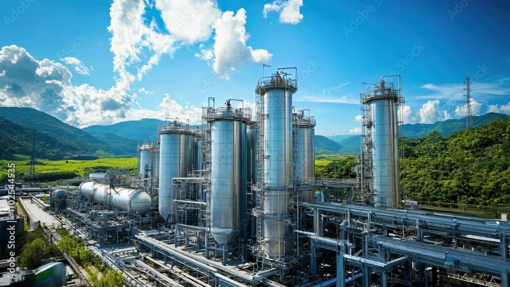 A modern hydrogen production facility showcases gleaming H2 tanks, surrounded by pipes and greenery, all set against a blue sky with industrial elements 4K Video A modern hydrogen production facility showcases gleaming H2 tanks, surrounded by pipes and greenery, all set against a blue sky with industrial elements 4K Video