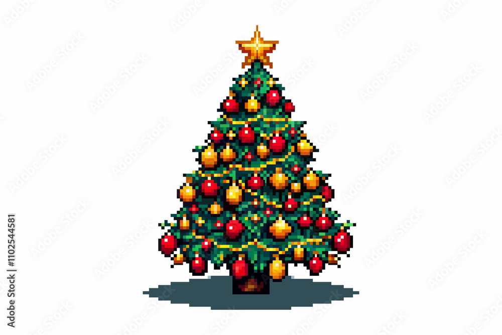 A pixel art Christmas tree decorated with red and gold ornaments and topped with a shining star. A pixel art Christmas tree decorated with red and gold ornaments and topped with a shining star.