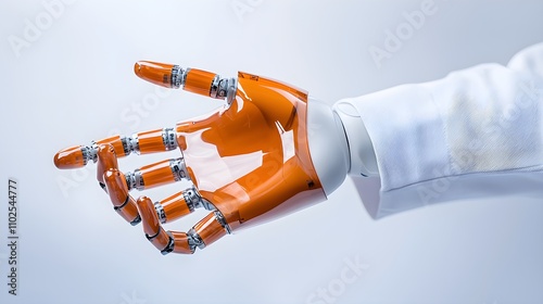 Mechanical arm in a medical cast, robot's fingers partially immobilized, cast texture detailed and realistic, white clinical background photo