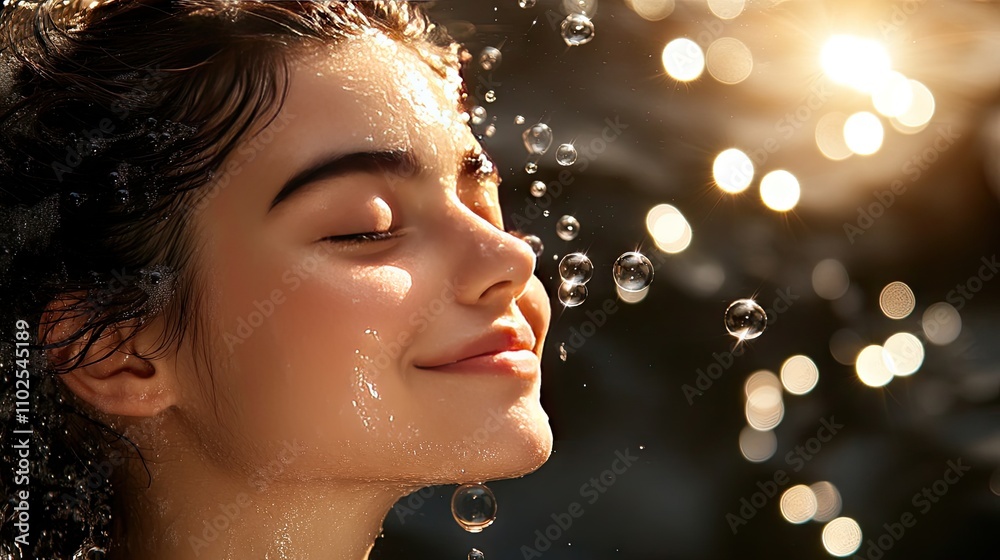Radiant Young Woman with Water Droplets and Dreamy Atmosphere Radiant Young Woman with Water Droplets and Dreamy Atmosphere