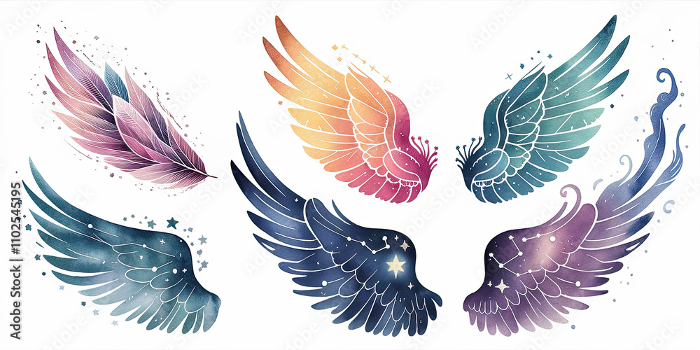 Fototapeta premium Watercolor Illustration of Five Mystical Wings (Cover)