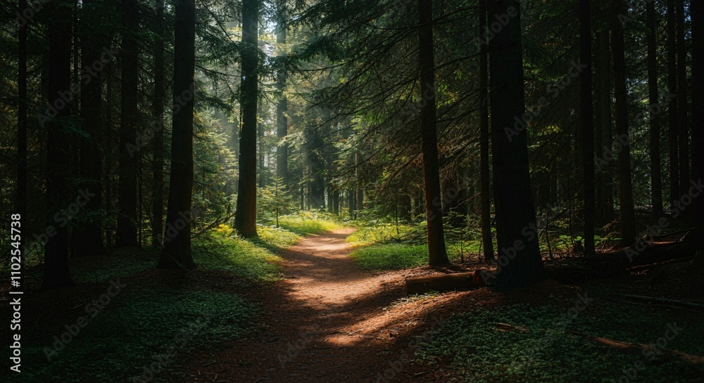 A peaceful hiking trail through a forest with sunlight filtering through the trees A peaceful hiking trail through a forest with sunlight filtering through the trees