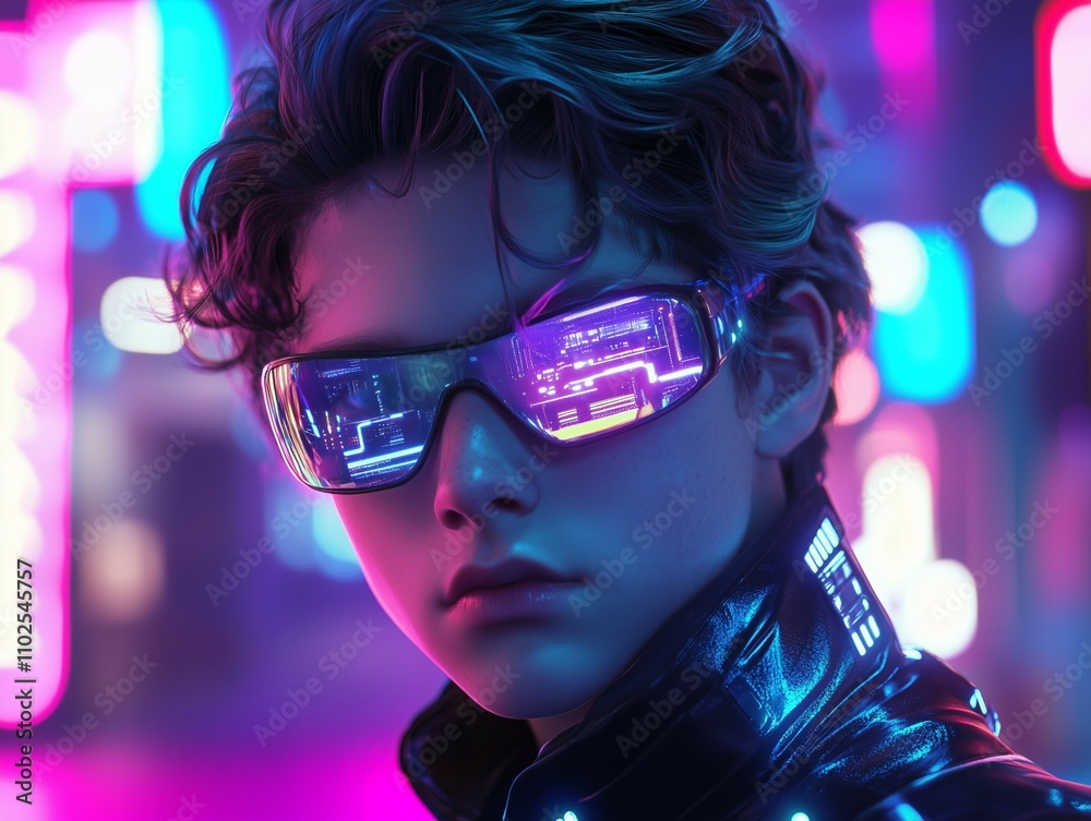 A striking portrait of a sci-fi cyberpunk boy, embodying a high-tech and futuristic aesthetic A striking portrait of a sci-fi cyberpunk boy, embodying a high-tech and futuristic aesthetic