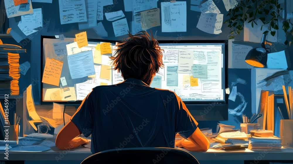 A disheartened office employee lingers at a chaotic workstation, gazing vacantly at a monitor. 4K Video