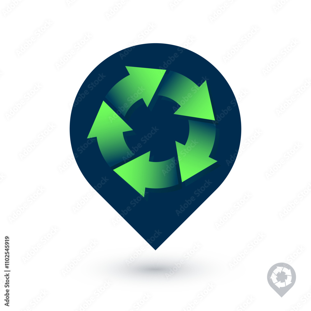 Recycle here icon. Location pin. Symbol of recycle consists of green arrows on map marker. Recycle here icon. Location pin. Symbol of recycle consists of green arrows on map marker.