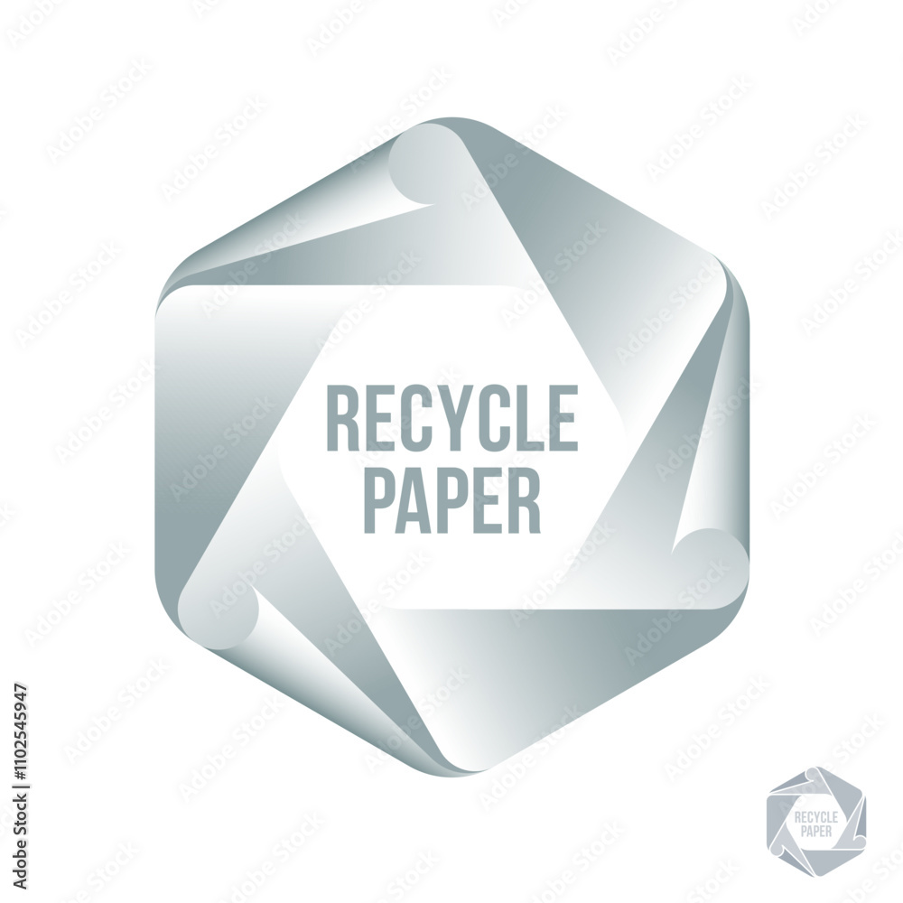 Recycle paper icon. Hexagon consists of white paper elements. Symbol of recycle and reused. Recycle paper icon. Hexagon consists of white paper elements. Symbol of recycle and reused.