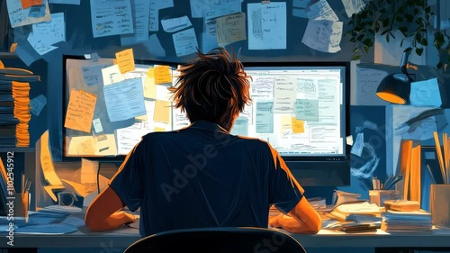 A disheartened office employee lingers at a chaotic workstation, gazing vacantly at a monitor. 4K Video