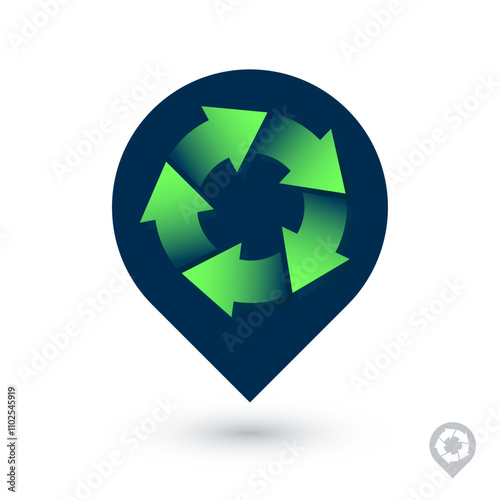 Recycle here icon. Location pin. Symbol of recycle consists of green arrows on map marker.